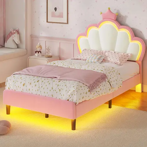 Sikaic Twin Size Pink LED Bed Frame with Princess Crown Headboard, Velvet Upholstered Platform Bed for Girls Bedroom Furniture, No Box Spring Needed,dorm essentials,home decor