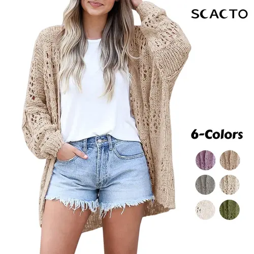 Scacto Women's Boho Crochet Cardigan - Baggy Open Front V-Neck Knitwear, Lightweight Acrylic Blend Fabric, Fringe Hem, for Casual & Office Use, Beach-to-Office Women's Clothing