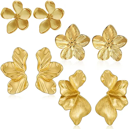 Women's 17KM 14 Karat Gold Plated Flower Leaf Earrings - Bold Irregular Chunky Dangle Statement Jewelry, Ornate Gold Earrings, Metallic Embellished Accessories for Women