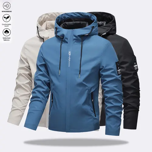 Men's Plain Fitted Long-Sleeve Windproof Waterproof Expandable Zip-Up Hoodie Jacket - Casual Activewear Coat with Zipper Pockets, 2-Key Use Flying Jacket Style, Elegant, Outdoor-Ready All Season Men's Lightweight Menswear