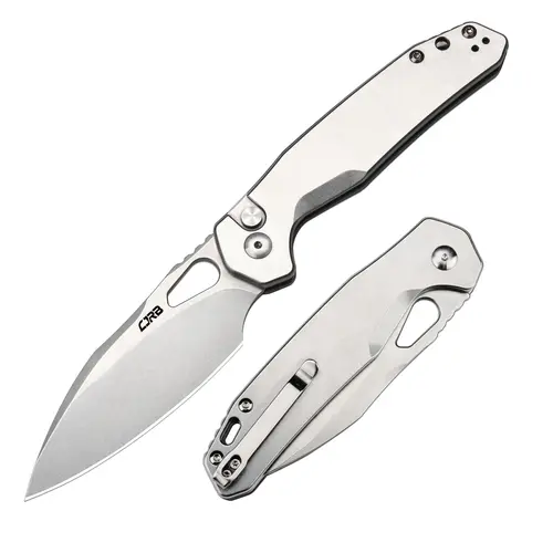CJRB Frack Pocket Knife, 3.9" AR-RPM9 Steel Blade with PVD Coating, Steel Handle, Button Lock, Edc Gear, Portable, Clipon Carry, Lefty Open, Smooth Chamfer Edge for Tactical Camping Gift (Black)