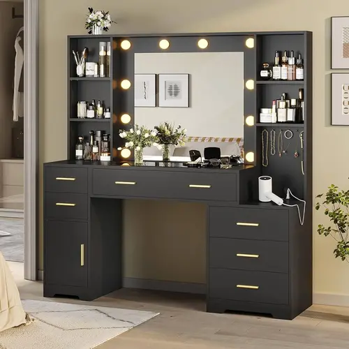 Sikaic Modern Black Freestanding Backlit Makeup Vanity - HD Mirror Panel, LED Lighting, 6 Silent Glide Drawers, Waterproof, USB Charge Station, Stable Frame Supports Weight, Sturdy Indoor Bedroom Furniture Dressing Desk
