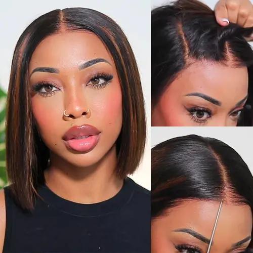 Ashimary Put On and Go Yaki Straight Highlight Mix Color Short Bob 4x4 Closure Glueless Frontal Wig, 180% Density Pre-Cut Wigs, Pre-Bleached Tiny Knots, 100% Human Hair for Summer Wins
