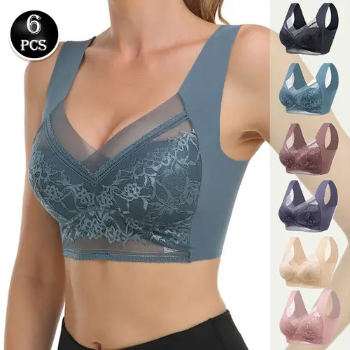 Women's 6-Pcs Contrast Floral Lace Wireless Padded Bra - Contrast Mesh Push-Up Lingerie with 6pcs Mix Colors, Mesh Panels, Nylon Blend Smooth Feel, Breathable Fabric Everyday Wear for All Seasons, Wireless Ease