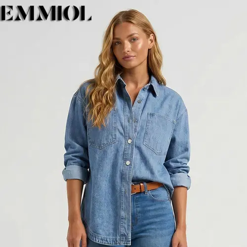 EMMIOL Women Oversized Denim Shirt Jacket Long Sleeve Button Down Distressed Vintage Blue Jean Jacket Streetwear Summer Vibes【Back to School】 Casual Basic