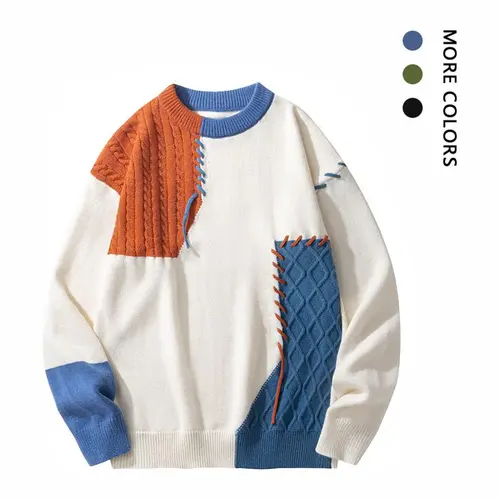 Men's Long Sleeve Retro Pullover Round Neck, Straight Tube, Neutral Wallet Style, College Casual, Dopamine Color Splicing Soft Patchwork Casual Knitwear Essential Menswear Top