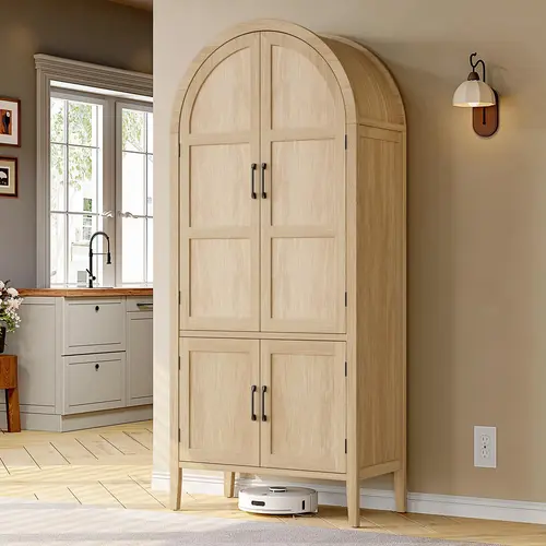 【DealsforYou】ONBRILL 71" Tall Wooden Arched Cabinet, 5-Tier Arched Kitchen Pantry Cabinet with Doors & Shelves, Farmhouse Kitchen Arch Cabinets with Adjustable Feet, Wooden Pantry Storage, Dining Room Furniture