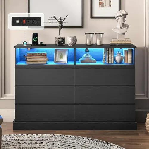 Sikaic 50.4 in Wide Dresser Storage Unit - 6+2 Storage Chest Drawers with RGB LED Lighted Drawers, Charging Station, 2 Open Cubbies for Bedroom, Black Indoor Cabinet