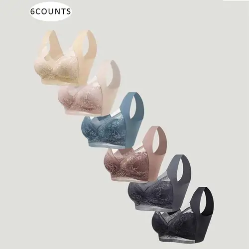 Women's Nylon Basic Style Seamless V-Neck Bras, 6pcs Mix Colors Pack with Floral Lace Detail, Wireless Low-Support Push-Up for Halloween & Holiday All-Day Wear, Plain