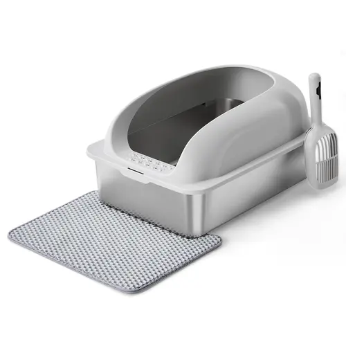 Stainless Steel Covered Litter Box - High-Sides Metal Design with Lid for Big Cats, Anti-Leakage, Odor-Free, Easy-Clean, Includes Scoop and Mat