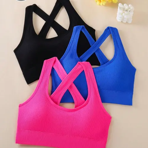 Women's 3-Pack Padded Criss Cross Racerback Crew Neck Knit Crop Tank Bralettes, Supportive Strappy Workout Bras, Multifunctional Activewear for Fitness Yoga, Padded Activewear, Bras for Women, Underwear For Women
