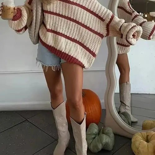 Women's Striped Round Neck Long Sleeve Loose Oversized Knitted Sweater, Casual Fall Winter Colorblock Pullover, Halloween Aesthetic Fashion Design, Elegant Women's Clothing, Knitwear, Cozy Fall Pullover