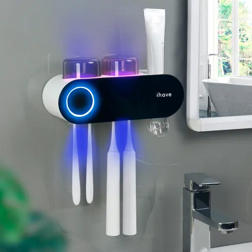 ihave Modern Multifunctional UV Light Sterilization Toothbrush Holder Set - Wall-Mounted Bathroom Accessory with Magnetic Cups, Toothpaste Dispenser, Toothbrush Storage, Holds 2+1 Razor, Ideal Family Gift