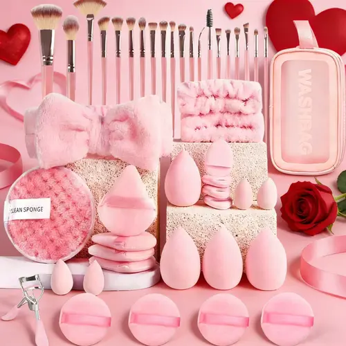 Pink Makeup Brushes Set Professional 49 or 48Pcs with Case Premium Synthetic for Foundation Concealer Blush Eyeshadow Powder Contour Makeup Brush Kit Face Eye Make up Brushes & Tools,Cosmetic Travel Bags Gift Set for Women