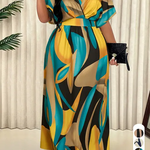 Elegant Sexy Women's Geometric Print Dress, Plus Size V Neck High Waist Wrap Dress, Casual Wear, Casual Elegant Dresses, Fitted Woven Fabric, All Seasons Fashion, Elegance, Womenswear