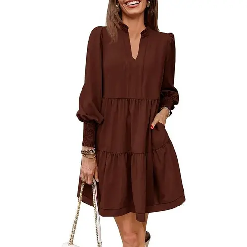Wenrine Womens Fall Long Sleeve Tunic Dress Casual V Neck Loose Ruffle Tiered Dress