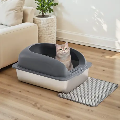 Sweetcrispy 23.6in Stainless Steel Sifting Litter Box Tray with Lid, Durable Metal Design, Included Scoop & Mat, Odor Control Solutions for Cats