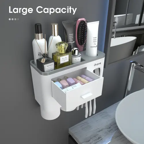 iHave Modern Wall-Mount Covered Toothbrush Organizer Set - Hygienic & Easy to Clean, Waterproof Bathroom Storage, Automatic Toothpaste Dispenser, Magnetic Cups, Large-Capacity Tray, 2 Drawers, Durable Patented Adhesive Installation for New Homes, Dorms