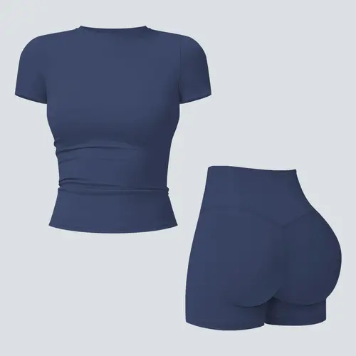 Tenwolf Women’s Solid Color Round Neck Sports Tee & High Waist Shorts Tracksuit Set, Short Sleeve Tight-Fitting Top & Skinny Shorts, Summer Outfits 2024, Ladies Sportswear for Indoor & Outdoor Wear Sporty Style Clothes Athleisure Breathable Clothes