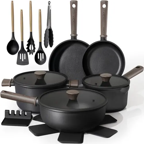 Astercook 18-Piece Non-Stick Cookware Set - Cooking Pans, Pots, Induction-Compatible, Elegant Wooden Handles, Frying Pan, Stew Pot, Steamer, Oven Safe, High Temperature Resistant, Cooking Pans Set, Induction Cookware Sets