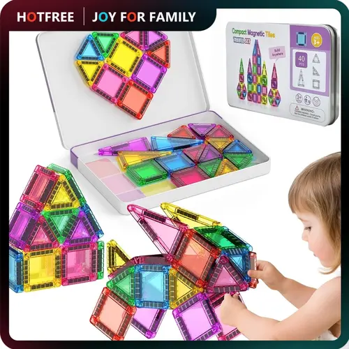 Hotfree 40PCS Mini Magnetic Tiles Stacking Building Blocks, Montessori STEM Toy with Strong Magnets & Iron Storage Box, Airplane Build for Open‑Ended Play, 3D & Flat Play Modes, Toddler Learning Toy, Birthday & Christmas Gift for Kids Boys Girls