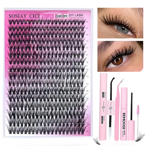SOSIAY CICI DIY Lash Extension Kit for At-Home Makeup, 320pcs 40D D Curl 9-16MM Individual Clusters Lashes with Bond, Seal & Eyelash Applicator, Build Custom Lash Looks, Your Way