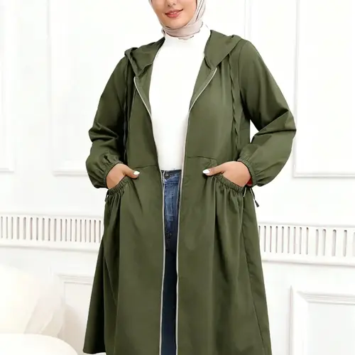 Plus Size Solid Adjustable Drawstring Zip Up Hooded Coat Jackets, Casual Long Sleeve Pocket Outerwear for Fall & Winter, Modest Women's Clothes for Daily Wear, Womenswear
