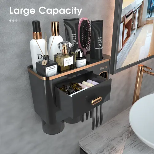 iHave Modern Black Gold Wall-Mount Toothbrush Organizer Set Package - Smart Toothbrush Holder, 3 Magnetic Cups, Auto-Dispense Toothpaste Squeezer, Large-Capacity Tray, Cosmetic Drawer, Adhesive Tape Install, Waterproof Self-Draining Bathroom Accessory