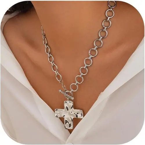 Tewiky Women's Gold Chunky Cross Necklace - Statement Pendant, Layered Hammered Design, Vintage Toggle Clasp, Easter Jewelry for Women's Fashion (Layered Necklaces, Chunky Jewelry, Accessories)
