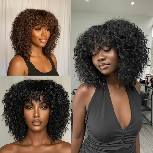 [Big Hair Curly] Beginher Hair-Wig N Go Collection 16 inches Heat Resistance 200% Density Messy Curly Bangs True Scalp Synthetic Wear Go Beginner 3 Seconds to Wear Ready Go Glueless Wigs Natural Black Color Summervibes Heat Resistant Wigs