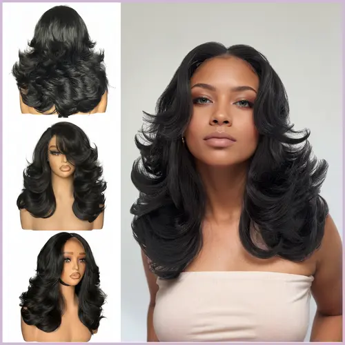 [Detroit Layers] Beginher Hair Extra Full & Voluminous 20 Inches Middle Part Heat Resistance Fiber 250% Density Big-Head Friendly Kash Doll Curl Farrah Fawcett Layers 4x4 / T-Part Lace Synthetic Pre-Cut Glueless Wigs Natural Black Color SummerWins