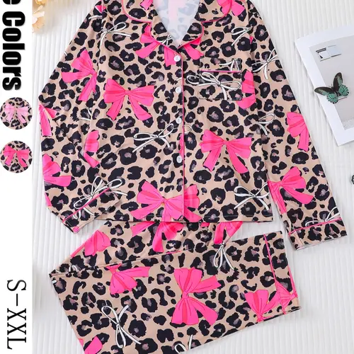 Women's 2-Piece Pajama Set, Bowknot Print, Holiday Party Sleepwear, Casual Sleepwear Loungewear, Soft Shirt Collar Top & Elastic Pants, Casual Home Wear, Matching Pyjamas