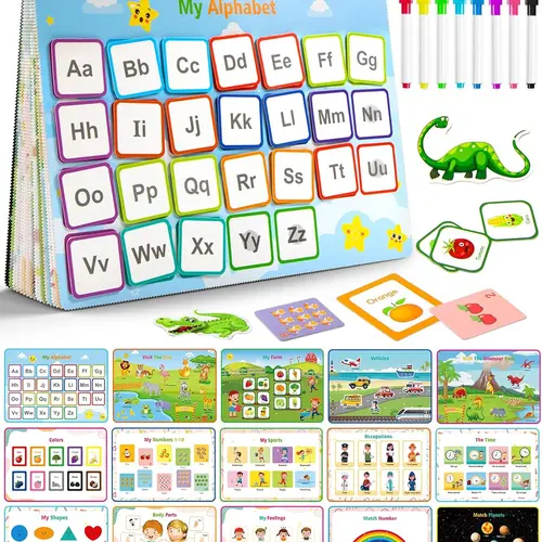 Montessori Busy Book for Toddlers 1-3, 32-Themed Preschool Teaching Supplies, Waterproof Art Marker Set (8 Markers), Visual Learning Tools, Autism Workbook Activity Binder, Toddler Gifts