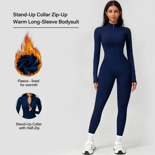 Women's Fleece-Lined Unitard with Half-Zip, Seamless Elastane Body-Hugging Long Sleeve, All Season Activewear for Yoga Workout,travel essentials,camping essentials tiktokshopbacktoschool,back to school,back to school haul