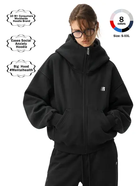 FDR Eases Social Anxiety Hoodie | Big Hood Oversized Zip Up Hoodie for Men & Women | High Neck Heavyweight Embroidered Letter Sweatshirt Loose Fit Casual Basic Long Sleeve Top Streetwear Classic Pant Set