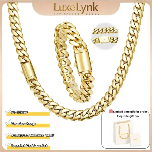 【Set】14K gold-plated Cuban Necklace Bracelet Set | The latest electroplating gold-plating process for rust prevention| Miami hip-hop style fashion items| The best gift for men and women| Couples' style| 6mm/8mm/10mm/12mm/14mm.Valentine's Day gift Summervi
