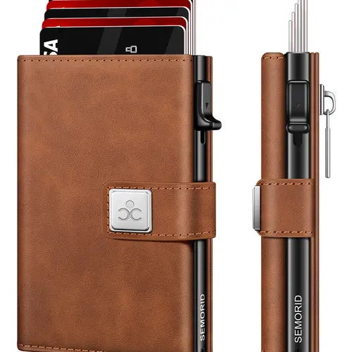 Men's Ultra-Thin Wallet, Smart Pop-Up Credit Card Holder, Holds 9-13 Cards, Rfid Protection, ID Window, Cash Slot, Aluminum Tri-Fold Design, Trifold Card Holder
