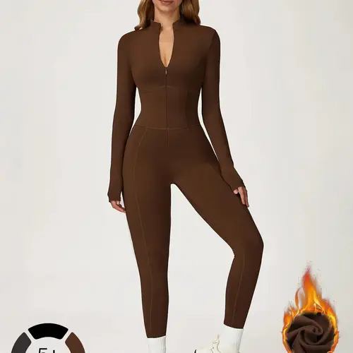 Women's One-Piece Jumpsuit with Stand Collar Zipper Design, Warm Long Sleeve Outdoor Casual Sports Gym Wear, Comfortable & Stylish, Sporty Comfy Jumpsuit, Sportswear Jumpsuits, Athletic Jumpsuit, Stylish Activewear, Athleisure Style