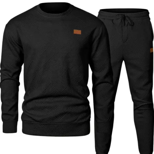 Men's Autumn Plain Texture Fabric Crew Neck Long Sleeve Sweatshirt & Pants Set Matching, Elastic Waist Drawstring Long Pants, Casual Wardrobe Essential Textured Outfit