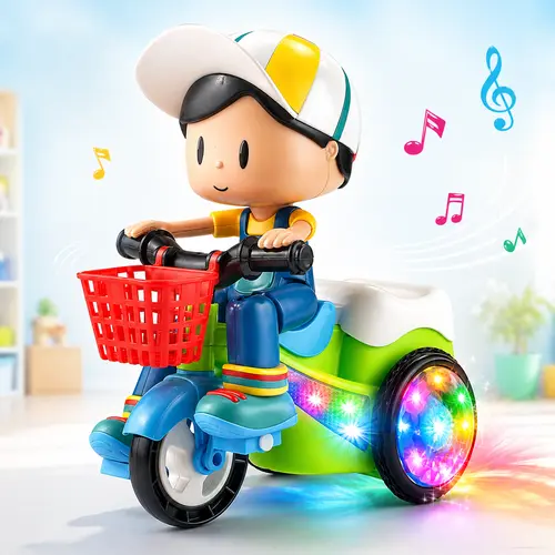 Musical Tricycle Toy for Toddlers with Colorful LED Lights, Electric Bump & Go Bike Toy with Music, Automatic Walking Rotating Action Toy for Baby Boys Girls Motorcycle