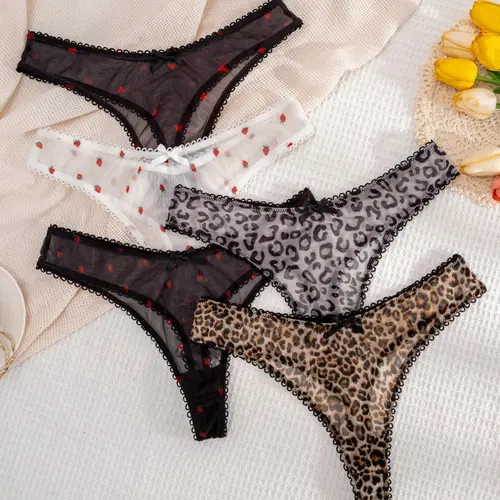 Women's Bow Decor Leopard Thong, Soft Comfy Breathable Lingerie for Daily Wear, Women's Underwear for All Seasons
