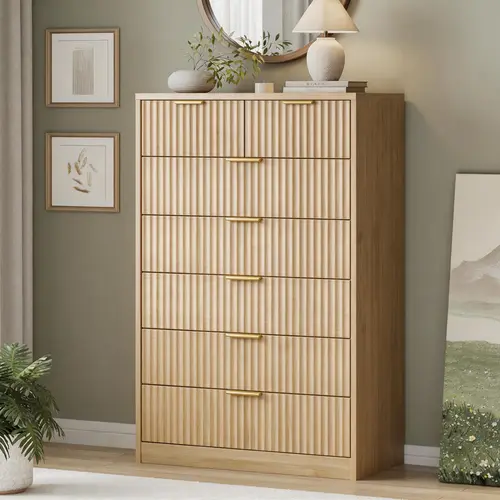 Modern Mid-Century Fluted Front Wooden Dresser - 53'' Wide, 9 Drawers, Faux Marble Top, Gold Handles, Curved Edge, Elegant Storage for Bedroom, Bedroom Decor Ideas, Farmhouse Indoor Cupboard Cabinet