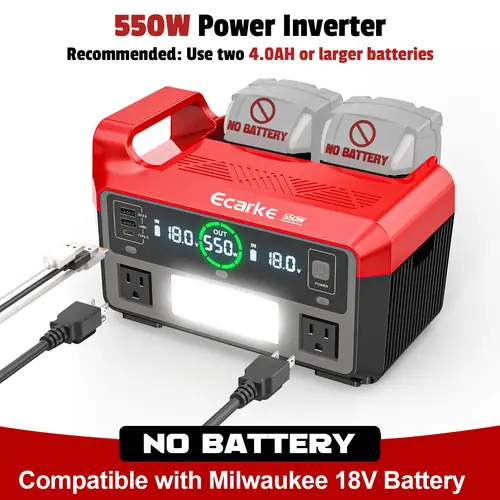 550W Power Inverter Compatible with Milwaukee 18V Battery, Battery NOT Included, Power Station DC 18V to AC 110V Pure Sine Wave, Battery Power Adapter 2 USB-A & 1 Type-C & 2 AC Outlet, Generator Phone Charger LED Light Camping Emergency