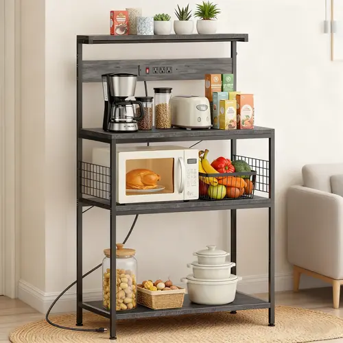 4-Tier Freestanding Baker's Rack with Built-In Power Outlet, Adjustable Shelf, Kitchen Decor Ideas Coffee Bar Station, Farmhouse Microwave Stand, Dual-Purpose Spice Organizer, 23.6 in Indoor Furniture,dorm essentials,home decor