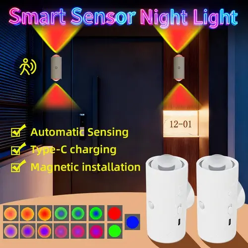 Smart LED Night Light - Motion Sensor, RGB Gradient Dimmable, USB Rechargeable, Adjustable Lighting Modes, Color Changing, 360° Rotation, Magnetic Wall Mount, Plug-Free, Ambient Lighting for Entryway, Bedroom, Holidays, Room Decor, Aesthetic Home Decor