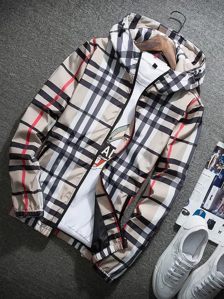 Men’s lightweight hooded jacket (with a stand collar option), zip-up windbreaker featuring adjustable drawstring and color-block stripe design, spring/autumn fashion style, men’s jacket, men’s outerwear, stylish khaki plaid pattern
