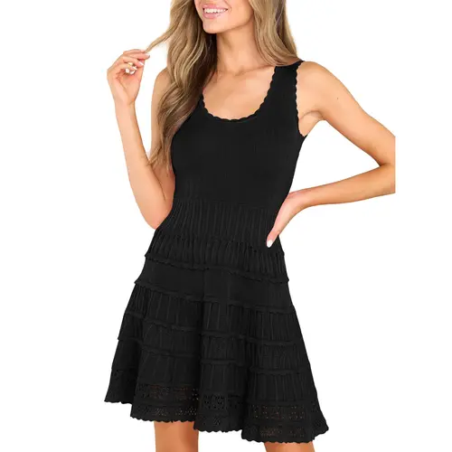 Wenrine Women’s Sleeveless Summer Mini Sundress - Casual Wear, Crewneck, Knitted Fabric, Crochet Hem, Flowy, Stretchable, Lightweight, Breathable