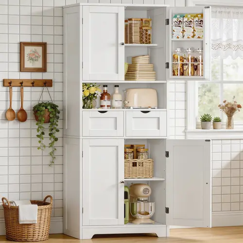 63" Modern Freestanding Wooden Sideboard Buffet Cabinet - Sturdy Compartmentalized Kitchen Furniture with Adjustable Shelving, Drawers, Sliding Storage Rack, 6 Hanging Shelves, Clean Look, Easy to Place for Dining Room, Laundry Room, Cupboard Furniture