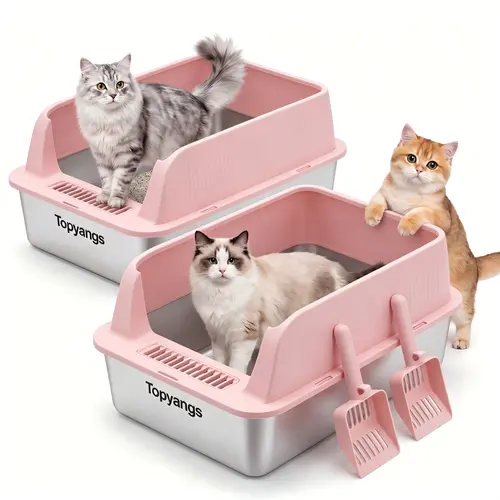 Topyangs 2-Pack Stainless Steel Cat Litter Box, Extra Large High Sided Litter Box, Anti-Leak & Non-Stick, Easy to Clean with Free Litter Scoop for Multi-Cat Household