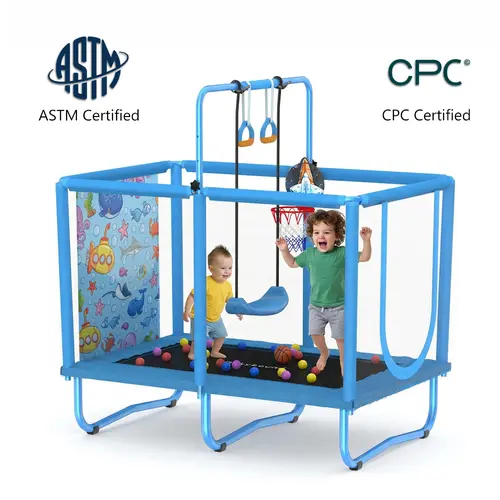 SkyBound 6-in-1 Kids Trampoline 36×55in Rectangular, Indoor & Outdoor Children Fitness Jump Bed with Safety Enclosure Net, Basketball Hoop, Swing, 2 Lifting Rings & Ocean Balls, 250LBS Static Load, Tool-Free Assembly Safe Workout Equipment for Ages 3+